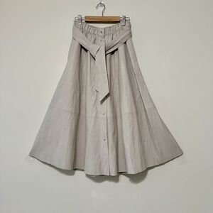 Zara Faux Leather A Line Pleated Midi Skirts Belt Pockets Ivory Cream White